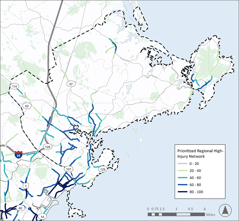 A map of the North Shore Task Force (NSTF) Subregion, consisting of communities along the shores to the Northeast of Boston. A Prioritized Regional High Injury Network, consisting of highlighted highest-scoring roadway segments, is overlayed on the map. This area has high-scoring segments in Lynn, Salem, Beverly, Danvers, and Gloucester.